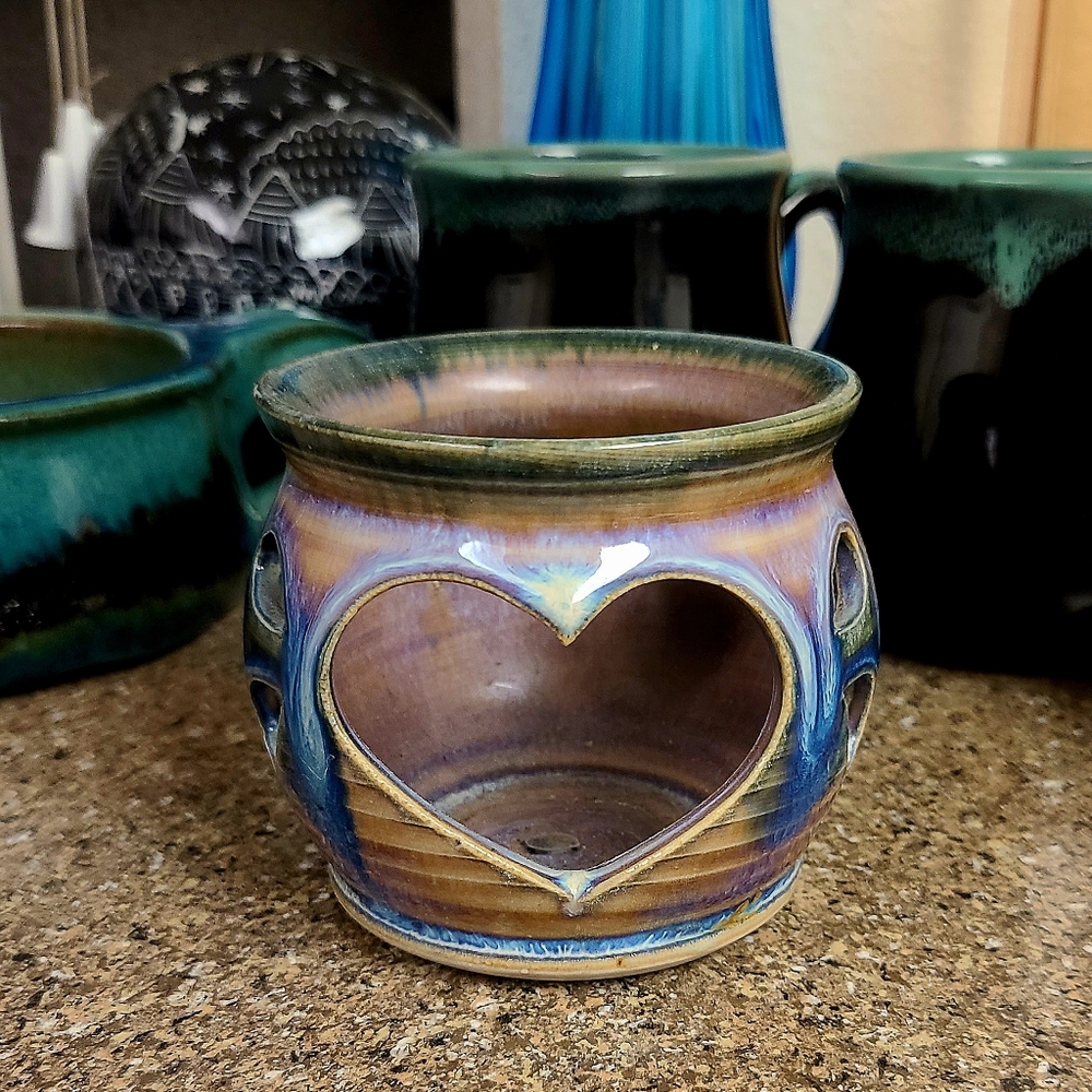 MCM Studio Art Pottery Candle Holder Hearts Tea Light Lustre Finish Signed Olson